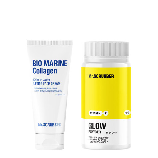 Ліфтинг крем для обличчя Bio Marine Collagen + Пудра для щоденного очищення обличчя Glow Vitamin C Mr.SCRUBBER 