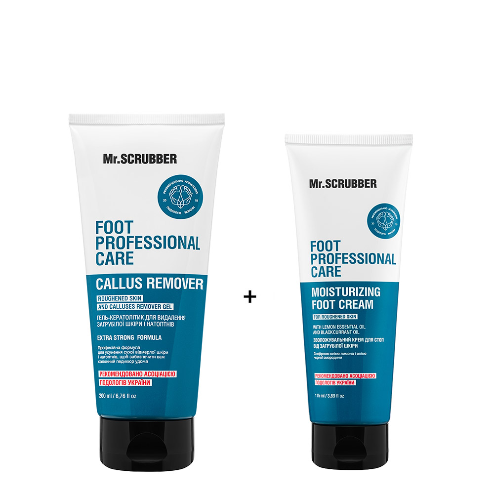 Гель-кератолітик для видалення загрубілої шкіри i натоптнів + Зволожувальний крем для стоп від загрубілої шкіри Foot Professional Care Mr.SCRUBBER